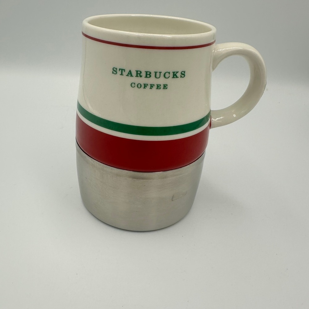 Starbucks Coffee Mug 14oz Cream Red Green Striped Ceramic Stainless Steel 2006